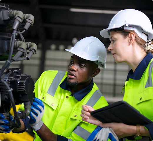 A male and female construction worker wearing hard hats and high-vis jackets inspecting machinery in a factory